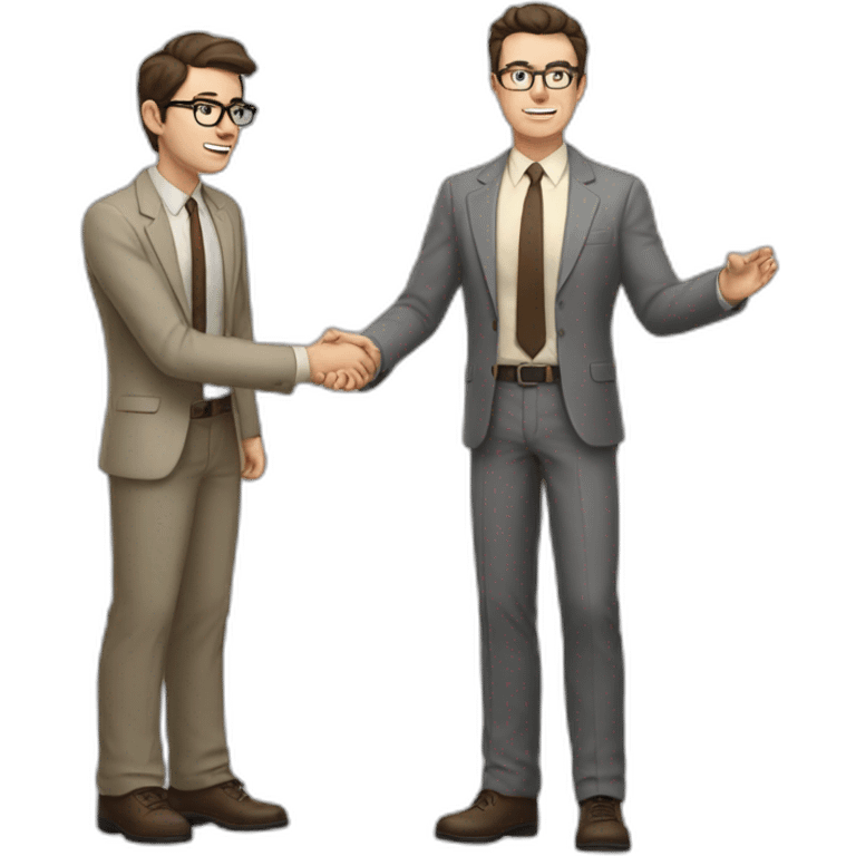 Full height Actively gesturing with hands Pale skinned fit man with dark brown hair in gray jacket, beige office shirt, brown tie, brown pants and vintage glasses. emoji