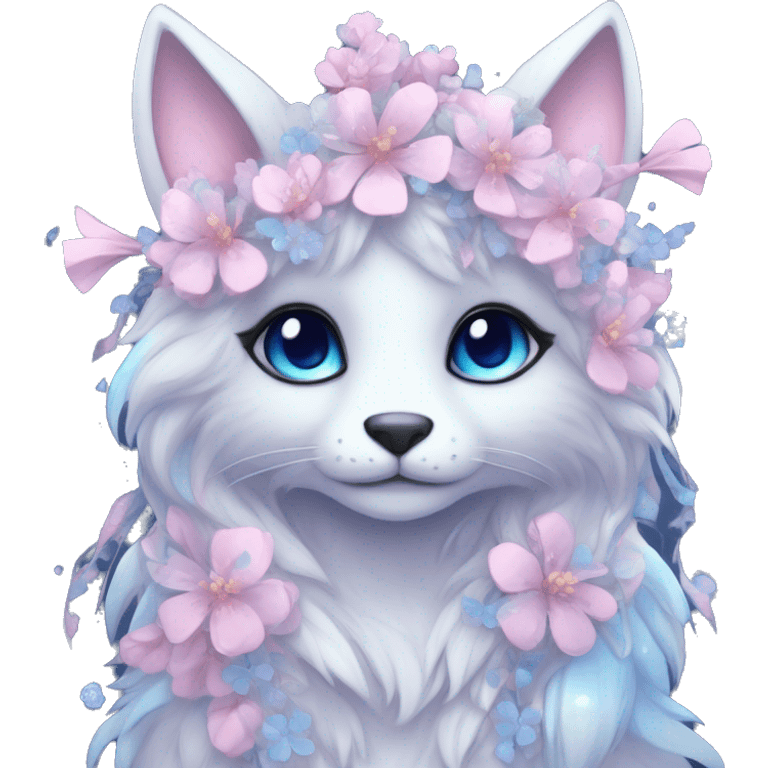 Anthro Cute Cool Pastel Kawaii gorgeous sparkly ethereal fantasy animal creature with blue eyes furry sona with flowers and ribbons beautiful aesthetic emoji