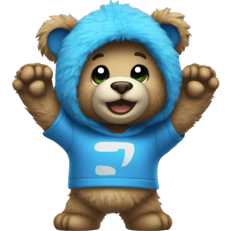 Blue fuzzy bear wearing a gaming shirt waving  emoji