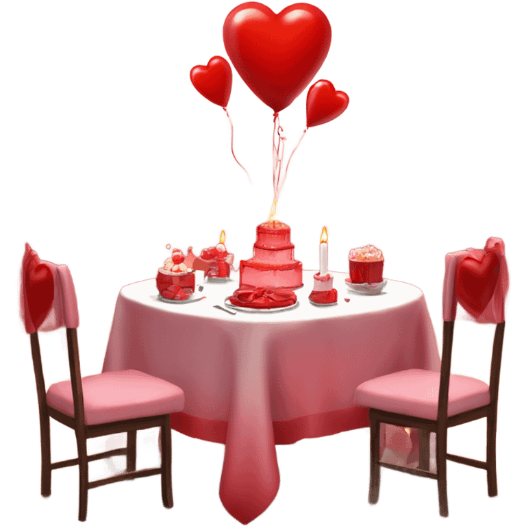 Red romantic party setting for two people and heart balloon  table with white cloth and candle with bows on the table and white Korean cake emoji