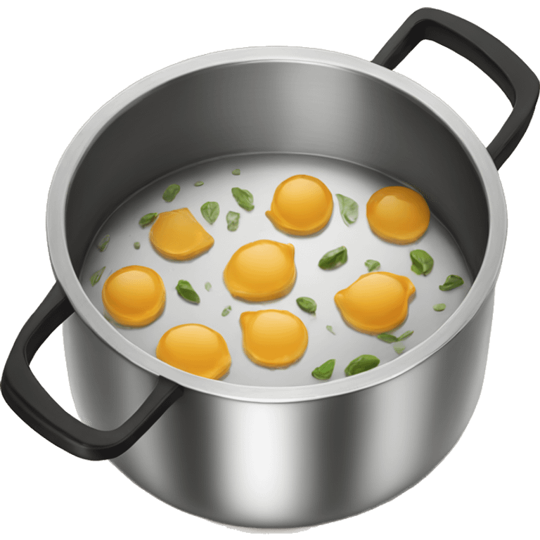 Stainless steel pot with black handlers, food inside emoji