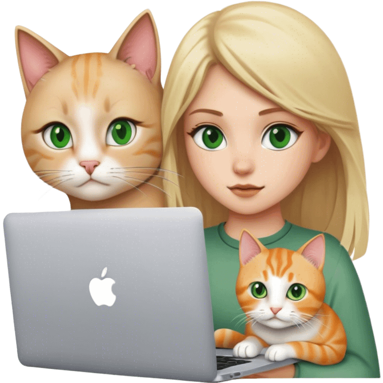 Blonde girl green eyes with apple MacBook and a cat emoji