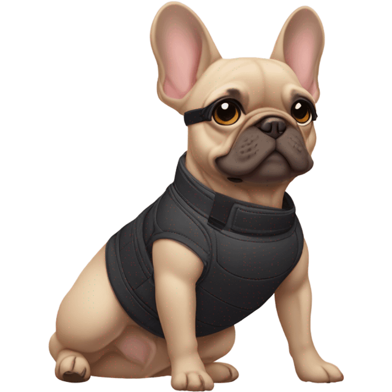 Frenchie laying wearing a lululemon belt bag emoji