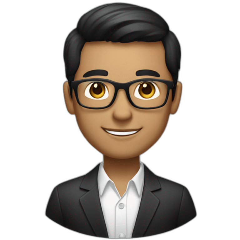 The person in the image has short, dark hair and a clean-shaven face. He has a friendly smile and is wearing a black suit and white shirt with square glasses. emoji