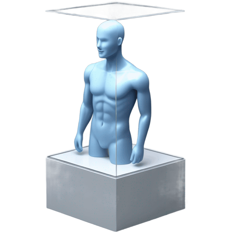 male mannequin abs cubes inside a glass cube on a stand isometric view emoji