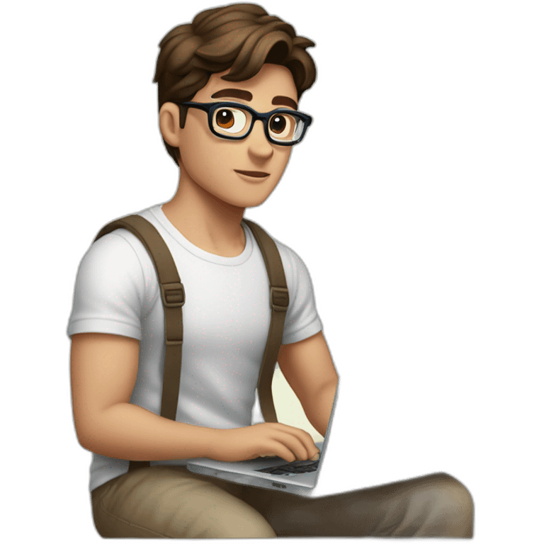 front view of young clark kent wearing white t-shirt using a laptop emoji