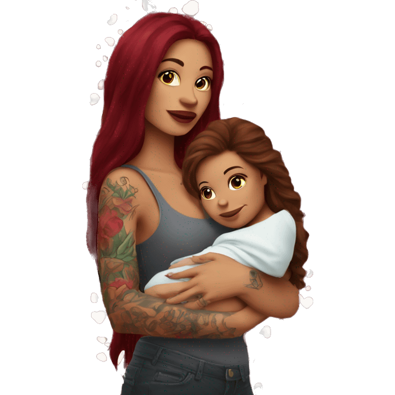 Beautiful tattooed burgundy long haired woman holding a baby emoji