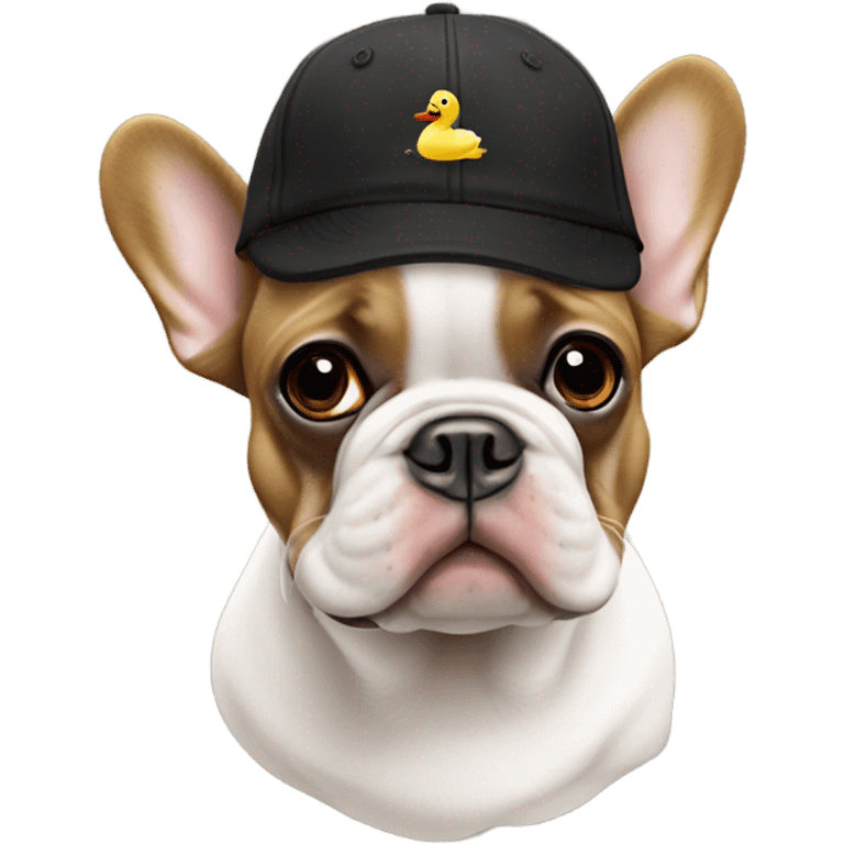 White and black and brown French bulldog with a duck hat on ￼ emoji