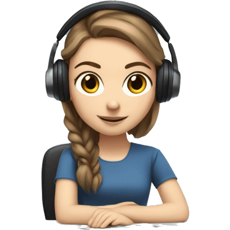 white girl at desk, brown hair, ponytail, blue eyes, computer, headphones emoji