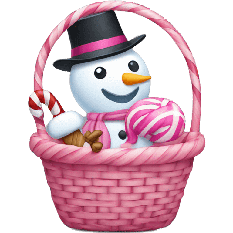 A basket with a pink candy cane and a snowman sticking out of it  emoji