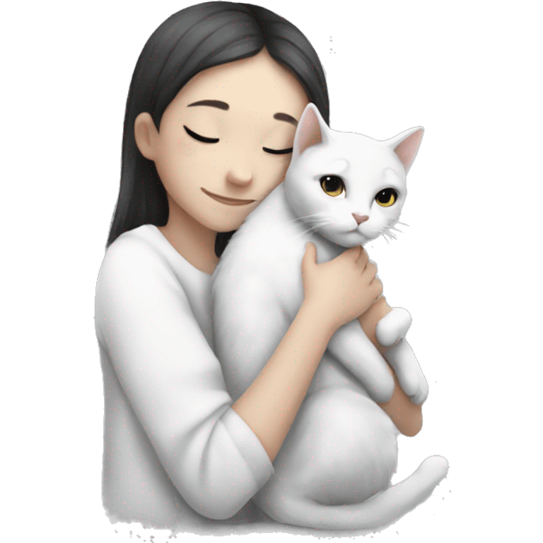 White cat with grey and black spots hugging girl emoji