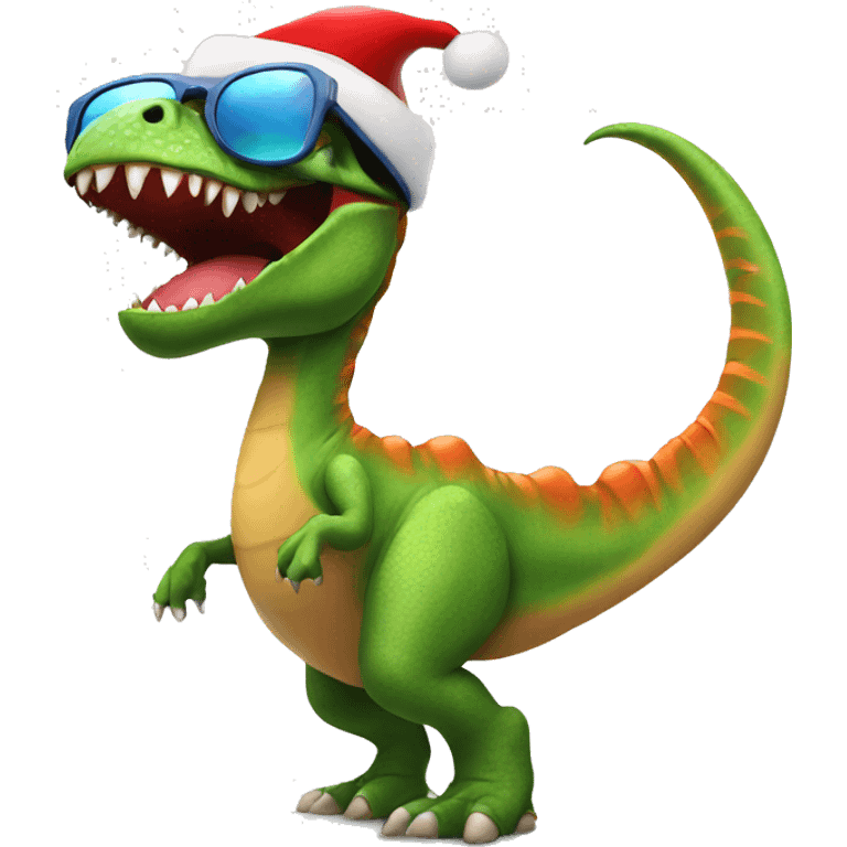 Dancing dinosaur wearing a Santa hat in sunglasses emoji