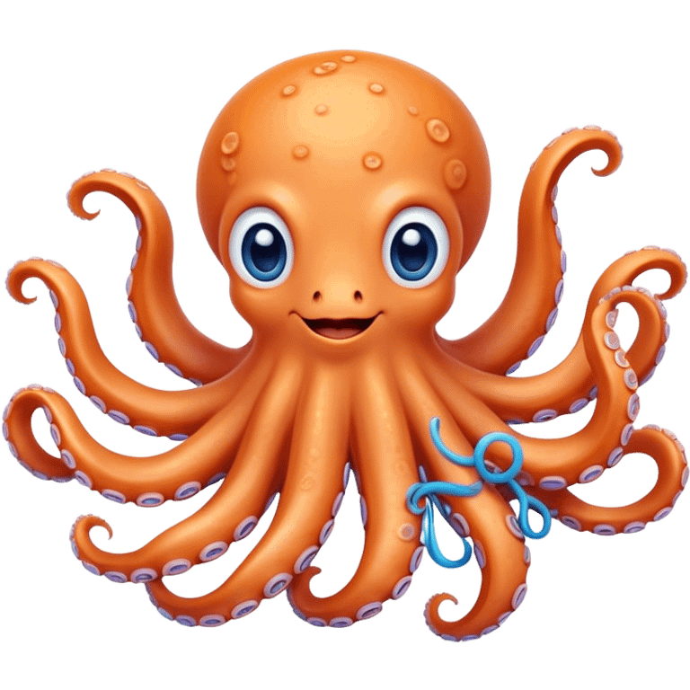 Cinematic Cute smiling Octopus Portrait Emoji, Head tilted playfully and inquisitively, featuring a rounded, light orange body embellished with playful blue rings, eight adorably curling arms, and big, twinkling eyes full of wonder, Simplified yet irresistibly adorable features, highly detailed, glowing with a warm, inviting underwater glow, high shine, affectionate and lively, stylized with a touch of whimsical cartoon charm, soft glowing outline, capturing the essence of a mischievous yet loving octopus that seems as if it could bob out of the screen into your arms! emoji