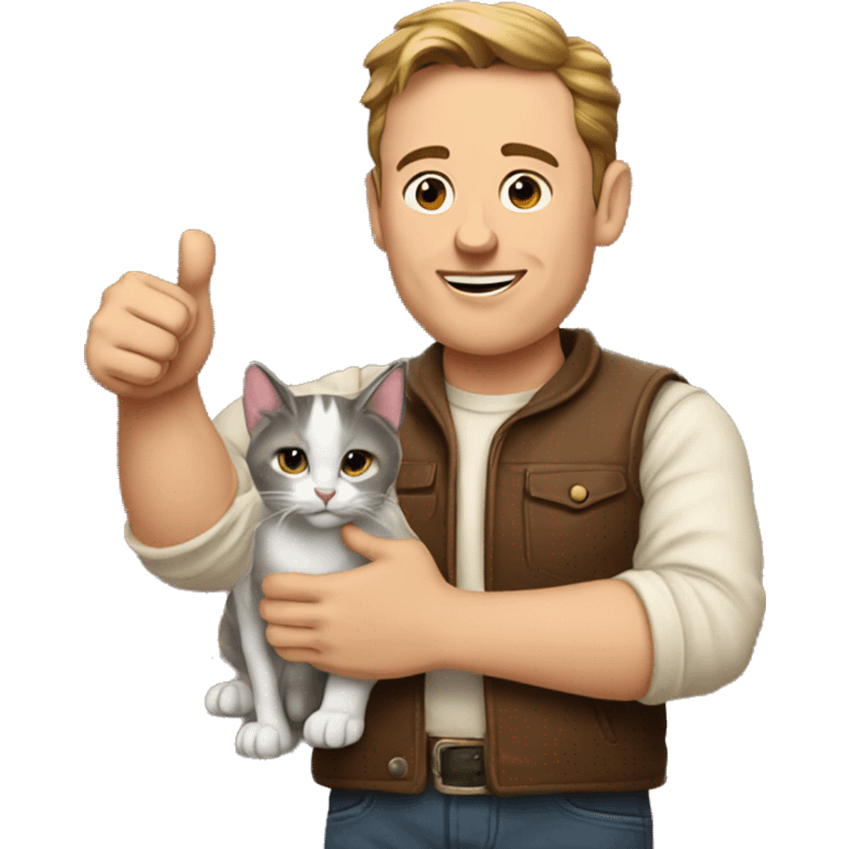 Musk holding a cat in his left hand and giving a thumbs-up with his right hand. emoji