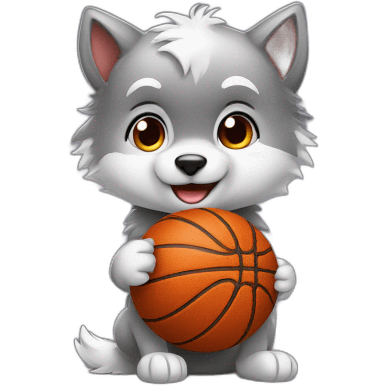 cute baby wolf with basketball emoji