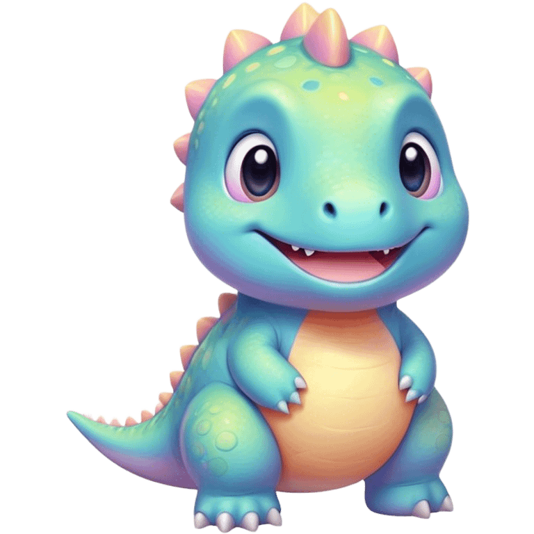 Cinematic tiny pastel dinosaur, chubby round body, tiny feet, big sparkling eyes, soft glowing colors, happy and friendly expression, radiating warmth. emoji