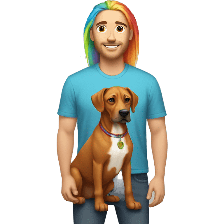 white male with long rainbow colored hair standing alongside a brown rhodesian ridgeback dog emoji