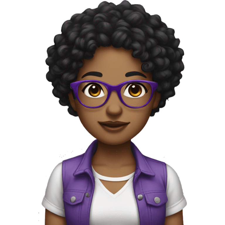 Girl with purple glasses, curly black hair, cute shirt and pant emoji