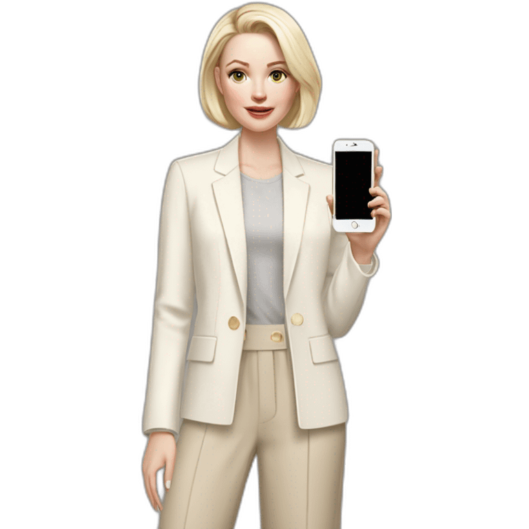 pale skin woman with ash blonde Straightened bob Hair, White Spacious classical jacket, beige palazzo Arrow pants and gray blouse holding white IPhone 14 pro in the hands emoji