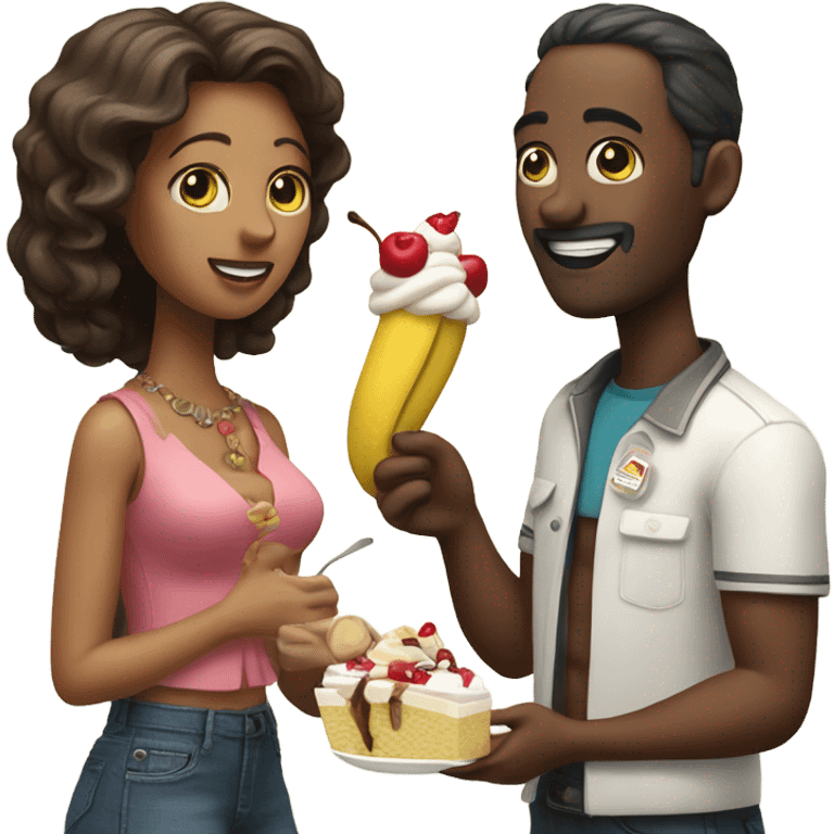 Man and woman sharing a banana split  emoji