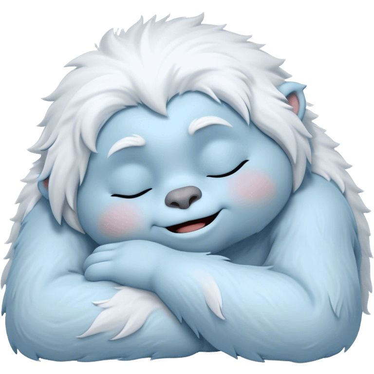 Meme-Worthy Cute Sleeping Yeti Portrait Emoji, with a charming, fluffy, snow-dusted figure in gentle whites and cool blues, head resting in blissful, serene slumber with closed, peaceful eyes and a small, contented smile, simplified yet irresistibly adorable, highly detailed with a soft frosty outline that captures the tender drowsiness of a yeti drifting into snowy dreams! emoji