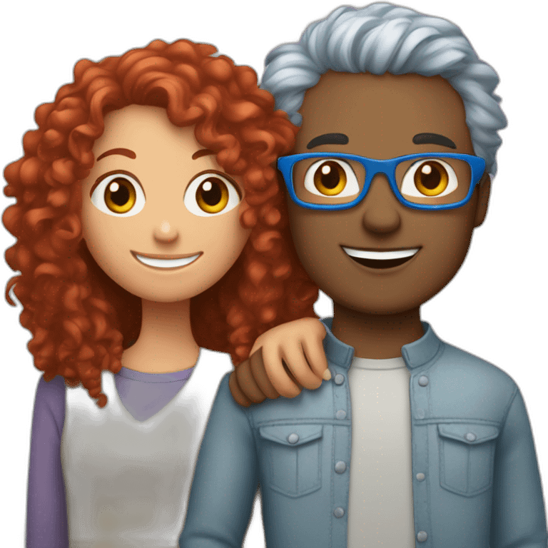 a girl with red curly hair and blue glasses hugging a boy with gray hair emoji