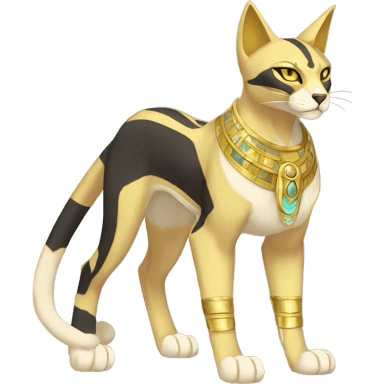 Black godly overpowered ethereal majestic Egyptian Cat-Fakemon. Golden Anubis-Rings and yellow ring-markings. Full body emoji