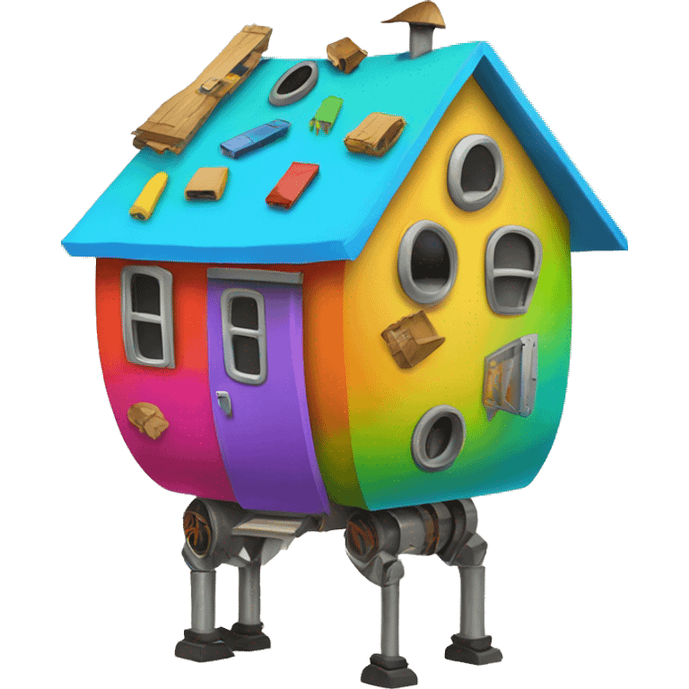 multiple colorful pieces of junk creating a round walking house on four tall legs  emoji