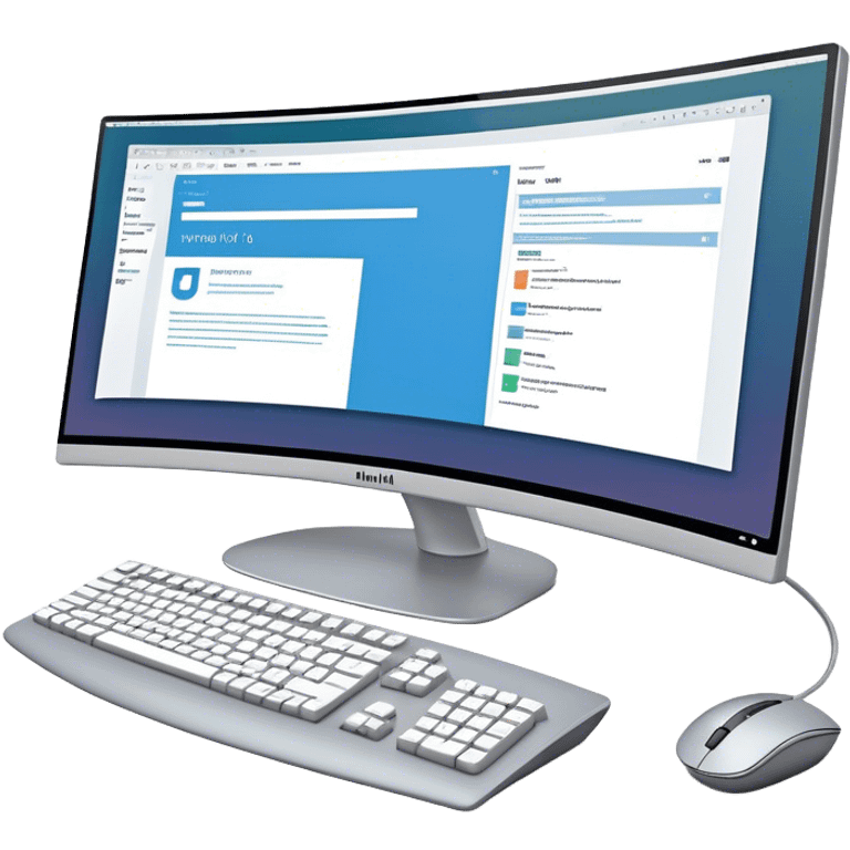 Create an emoji for UX/UI design. Show  large curved monitor displaying windows with UX/UI design HTML program interface. Include a mouse, keyboard, and stylus next to the screens. Use modern, professional colors. Do not include any emojis or smiley faces. Make the background transparent. emoji