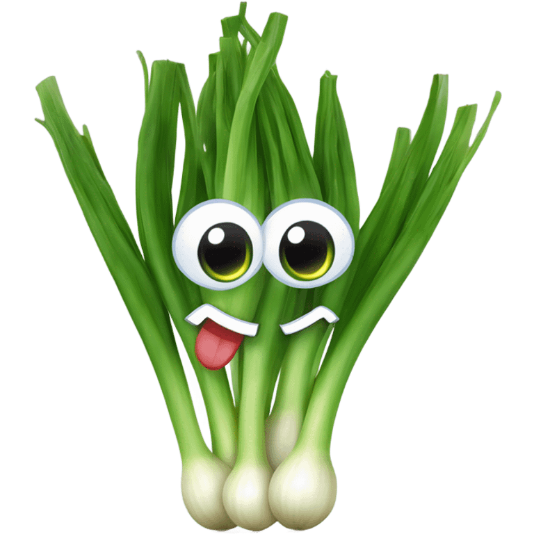 Cheerful green onion with big expressive eyes, a wide smile, and a few green stalks on top. Designed in a cute, cartoonish style with vibrant colors. emoji