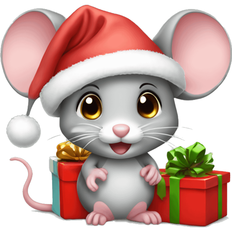 Cute mouse with santa hat and Christmas Gifts  emoji