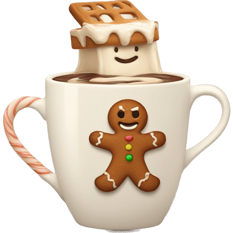 Hot chocolate in a cream mug with a gingerbread man on emoji