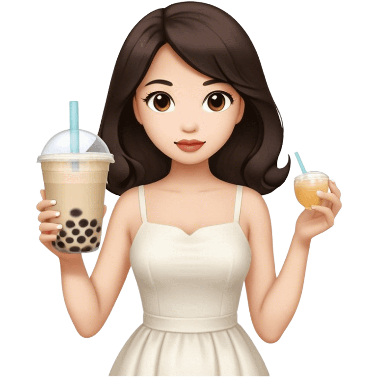 Beautiful woman in 1965’s woman fashion look, white dress, long dark brown hair, bubble tea emoji