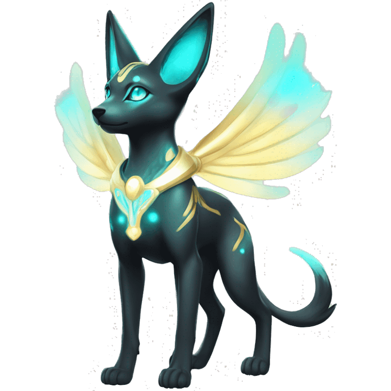 Shiny White Angelic Godly Ethereal Majestic Electric Albino Umbreon. cyan eyes and cyan markings. Golden Anubis-rings. full body emoji