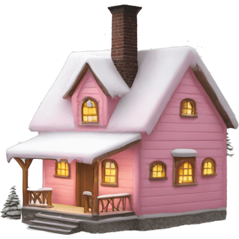 light pink cabin with snow with lights with smoking chimney emoji