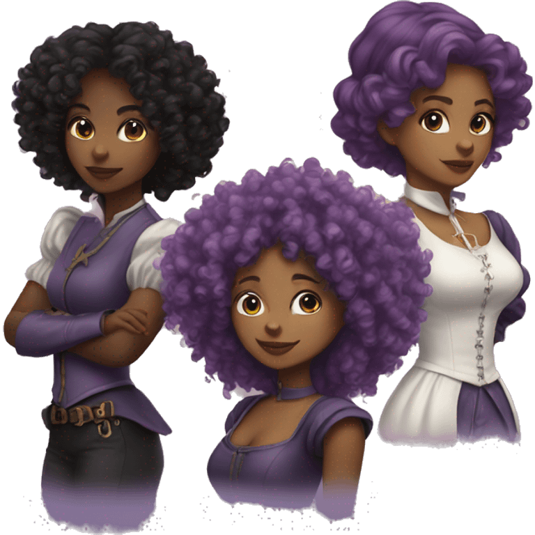 Three musketeers dark black women lilac curly hair emoji