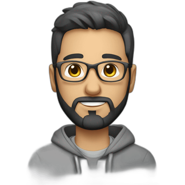 A project manager in a gray hoodie and with a short beard, with gray eyes, with short black hair without a parting, wearing glasses emoji