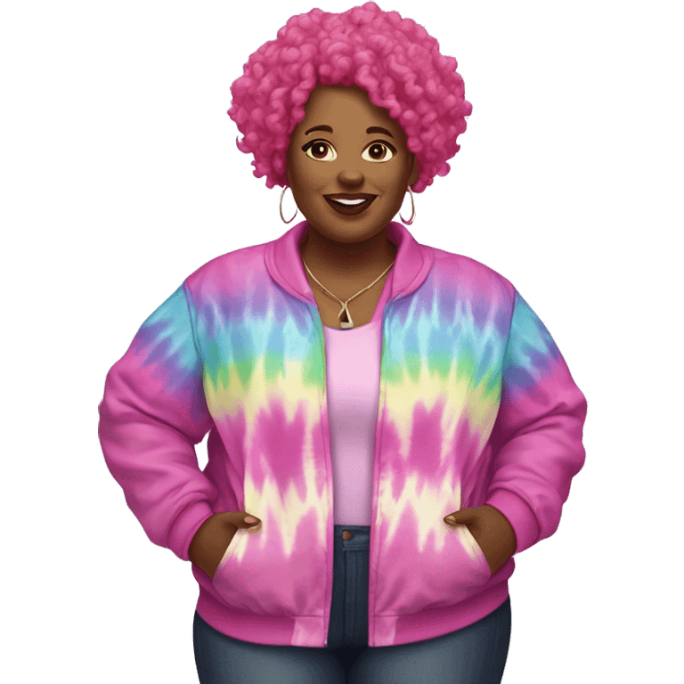 Plus size black woman with pink curly hair and a tie dye jacket  emoji