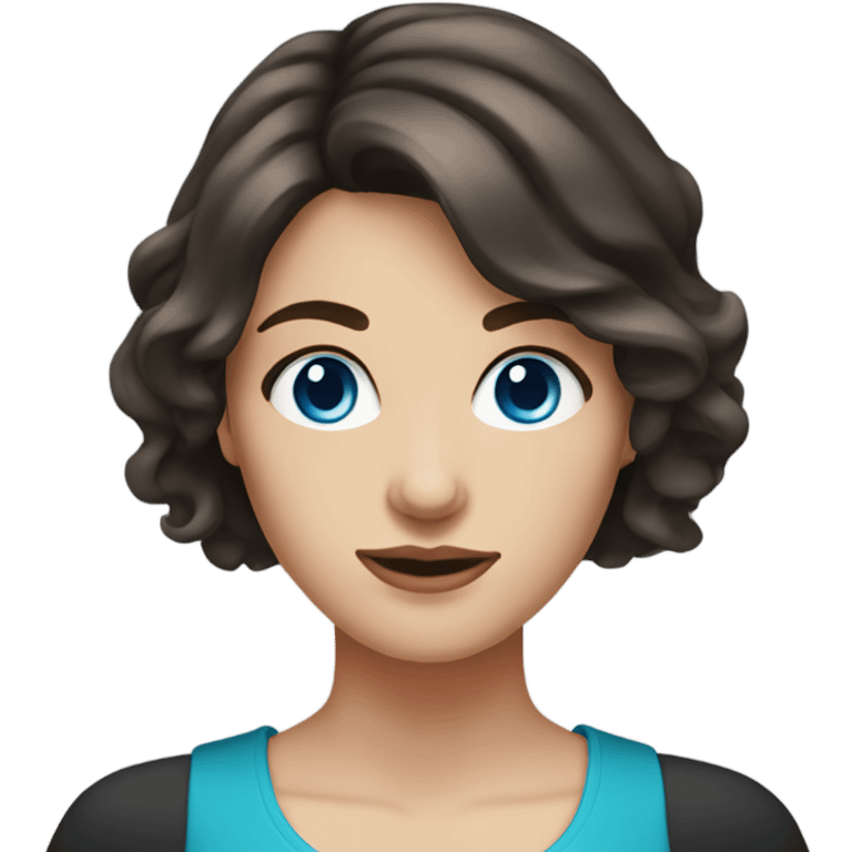 white woman with medium-length dark brown hair, blue eyes round face, unilips emoji