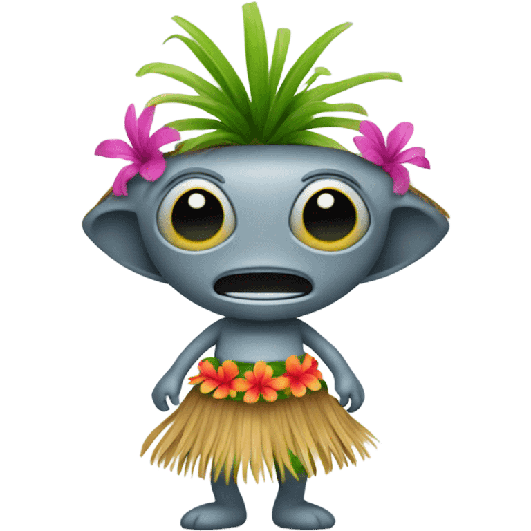 Grey alien wearing a Hawaiian grass skirt  emoji