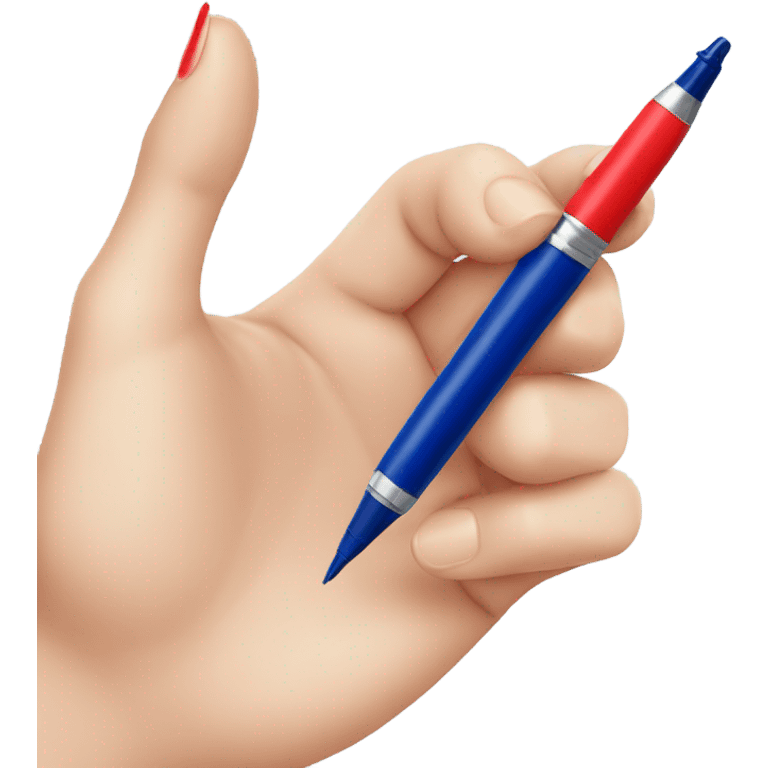 a hand with a red manicure writes with a dark blue pen emoji