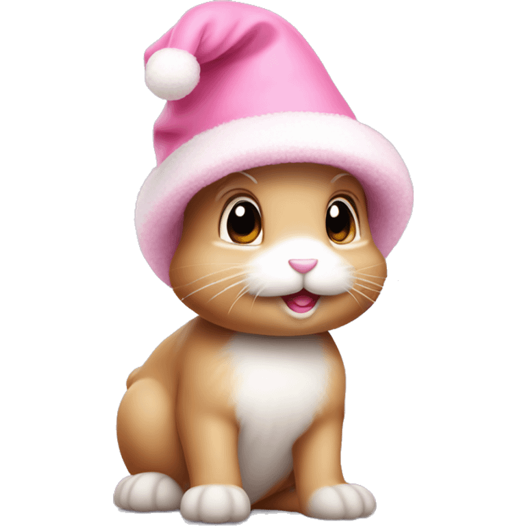 A pink little cute bunny wearing a little cute pink Christmas hat emoji