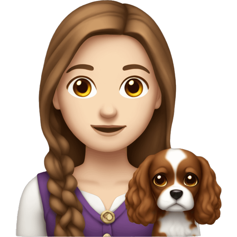 White girl brown hair holding cavalier  emoji