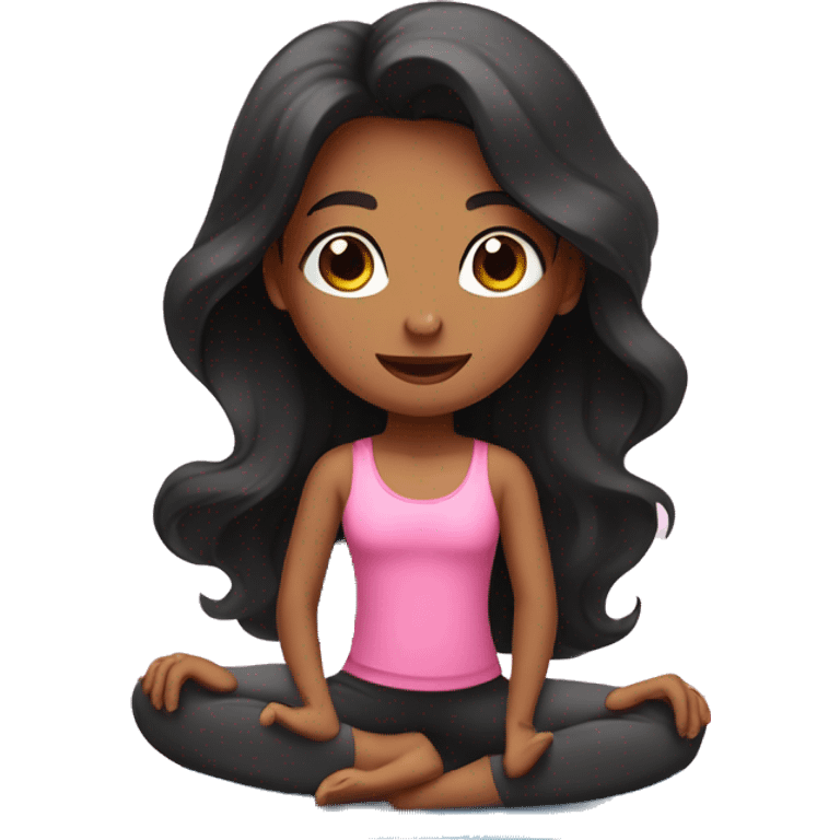 Girl with wavy black long hair doing yoga in pink mat emoji