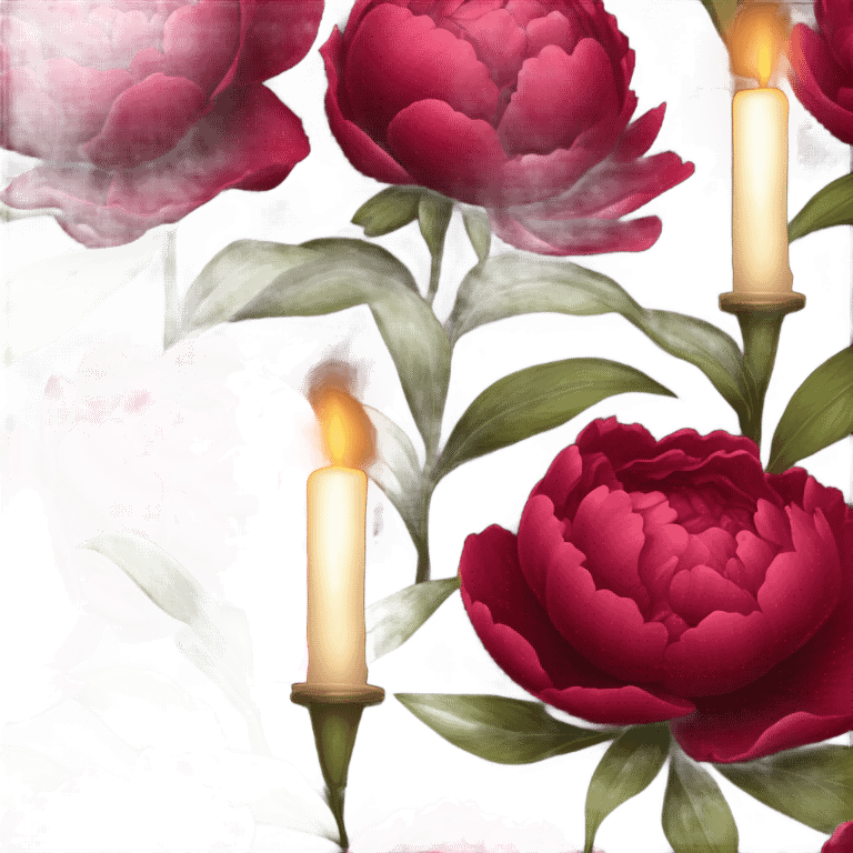 A cluster of deep red peonies and a flickering candle, tied together with a delicate lace ribbon emoji