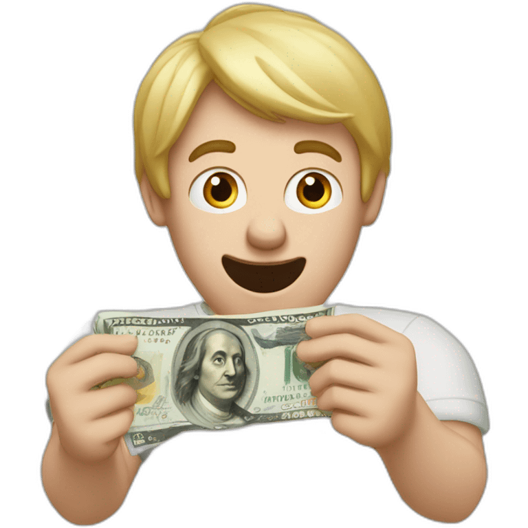 White guy with blond hair holding a euro bill in his hands acting surprised emoji