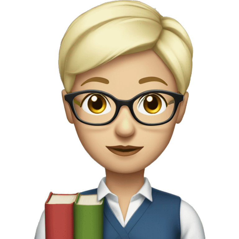 female Teacher with books glasses blonde pixie haircut blue eyes blouse emoji