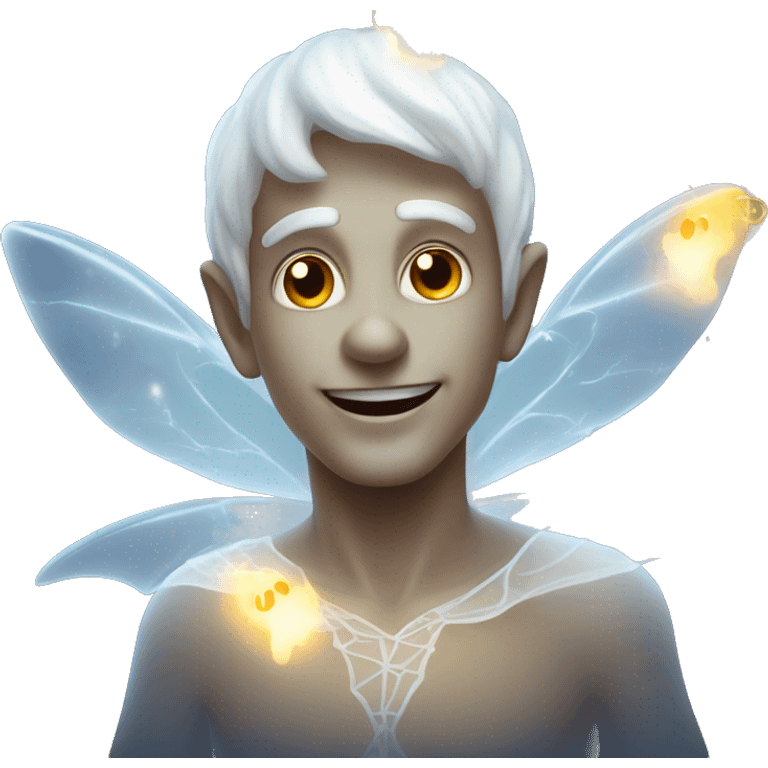 Elf male ghost fairy in a translucent dress, ephemeral wings, surrounded by glowing ghostly lights, Halloween theme, emoji emoji