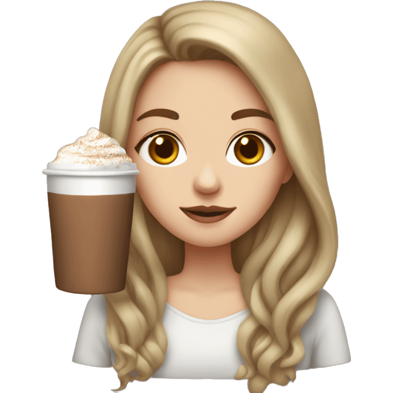 white girl with brown long hair and a hot chocolate emoji