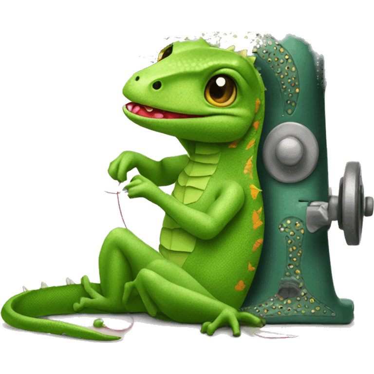 Sweet cute lizard sewing on singer machine emoji